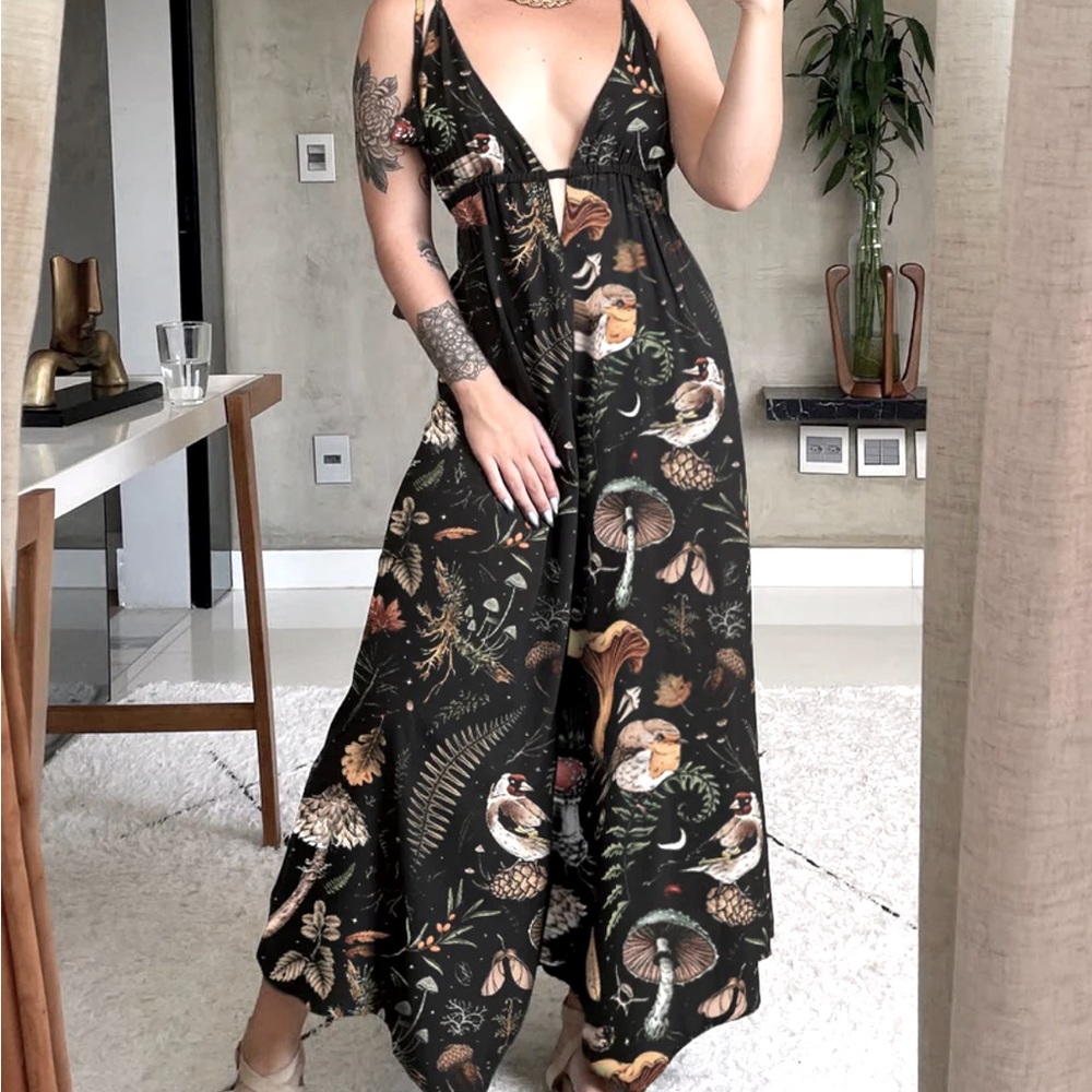 Coramoon Mushrooms Fairyland Forest Printed V-Neck Jumpsuit